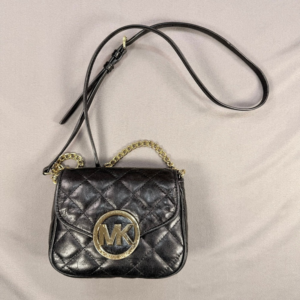 Michael Kors Fulton Crossbody Quilted Leather Black Mini Gold MK Logo Medallion